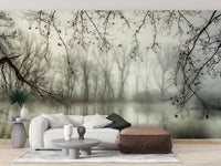 Foggy Spooky Woodland Forest With River wallpaper mural as a bedroom feature wall behind the headboard