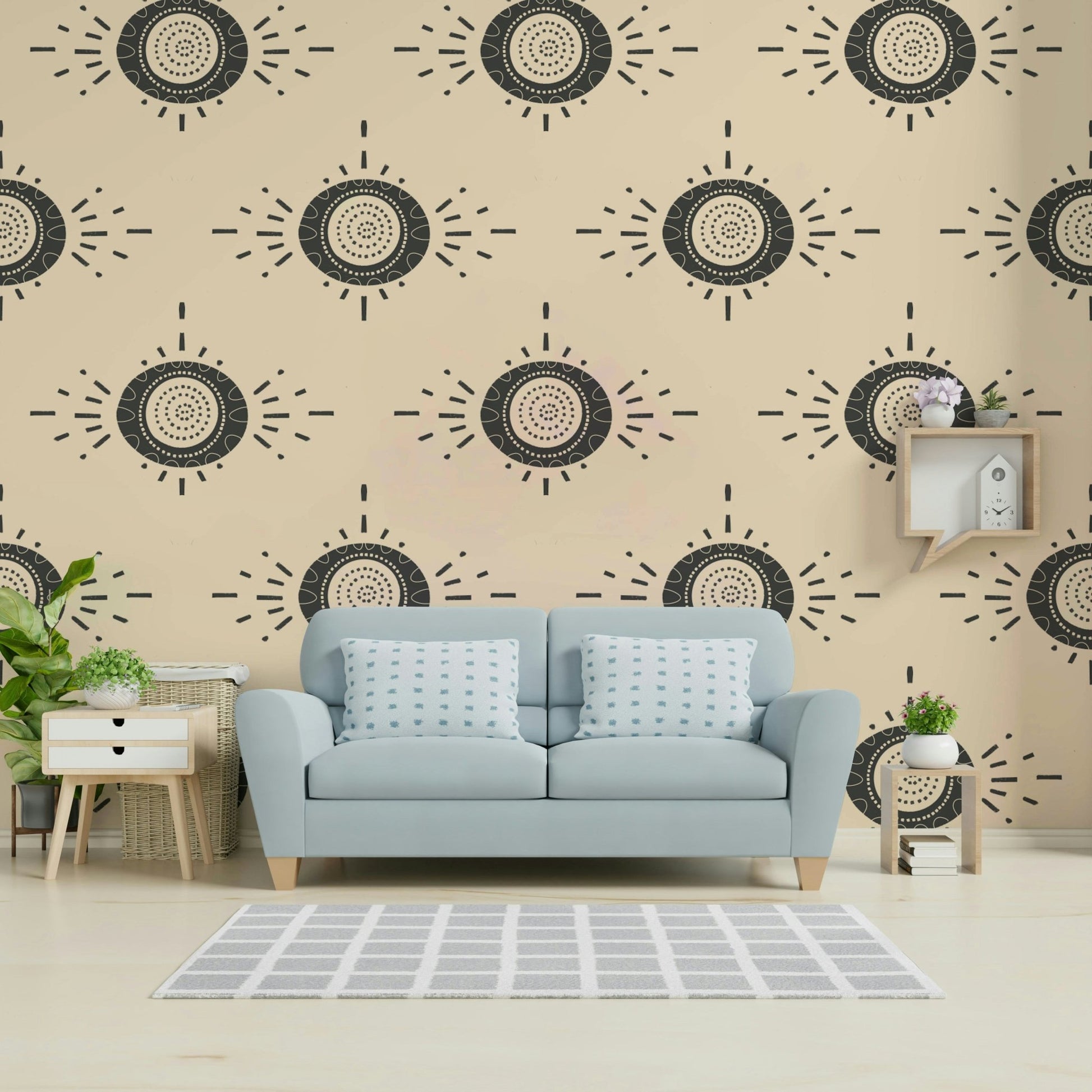 Bold charcoal floral motifs on a light cream backdrop

