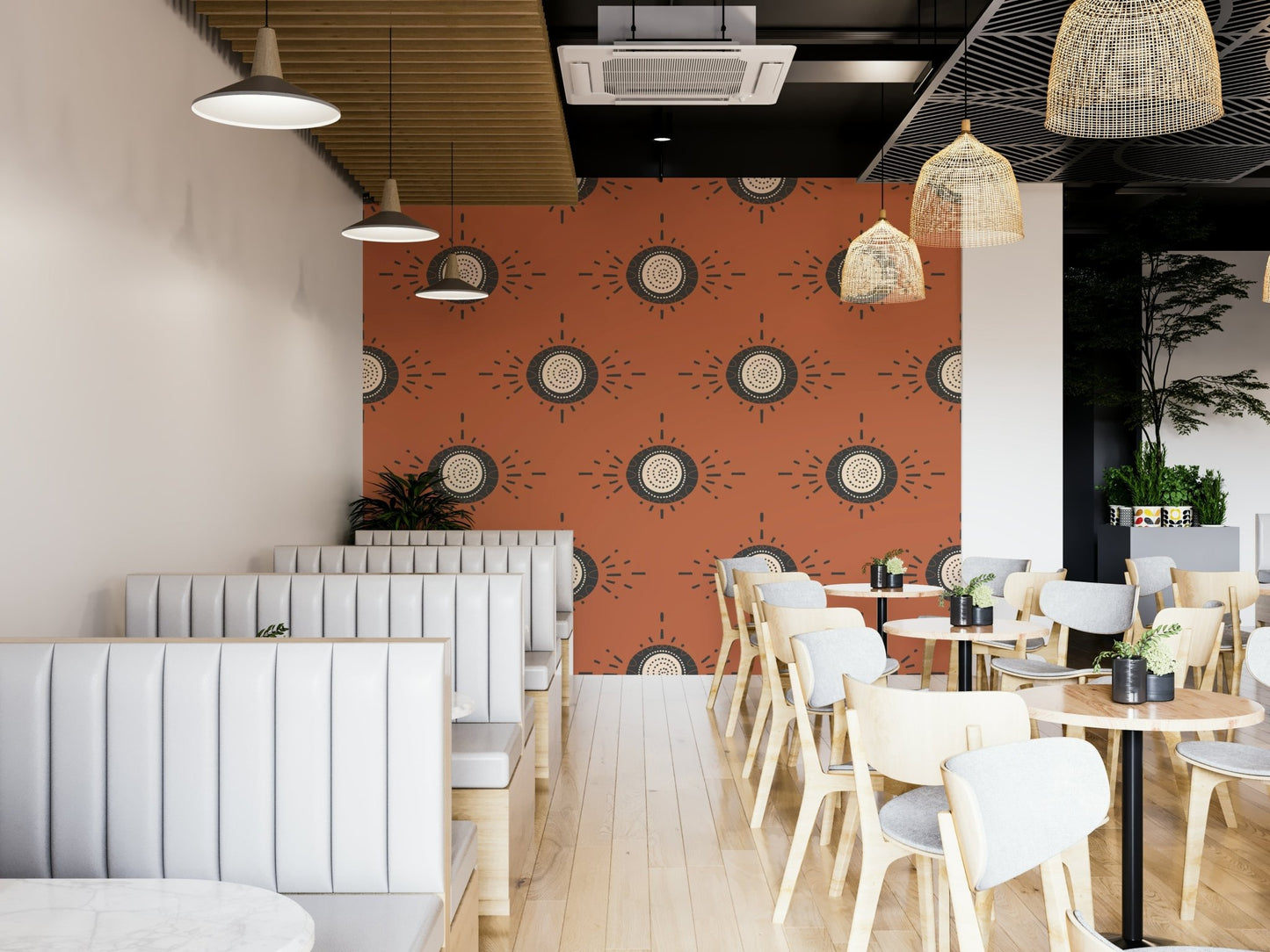 Clean lines and bold floral patterns in terracotta and charcoal

