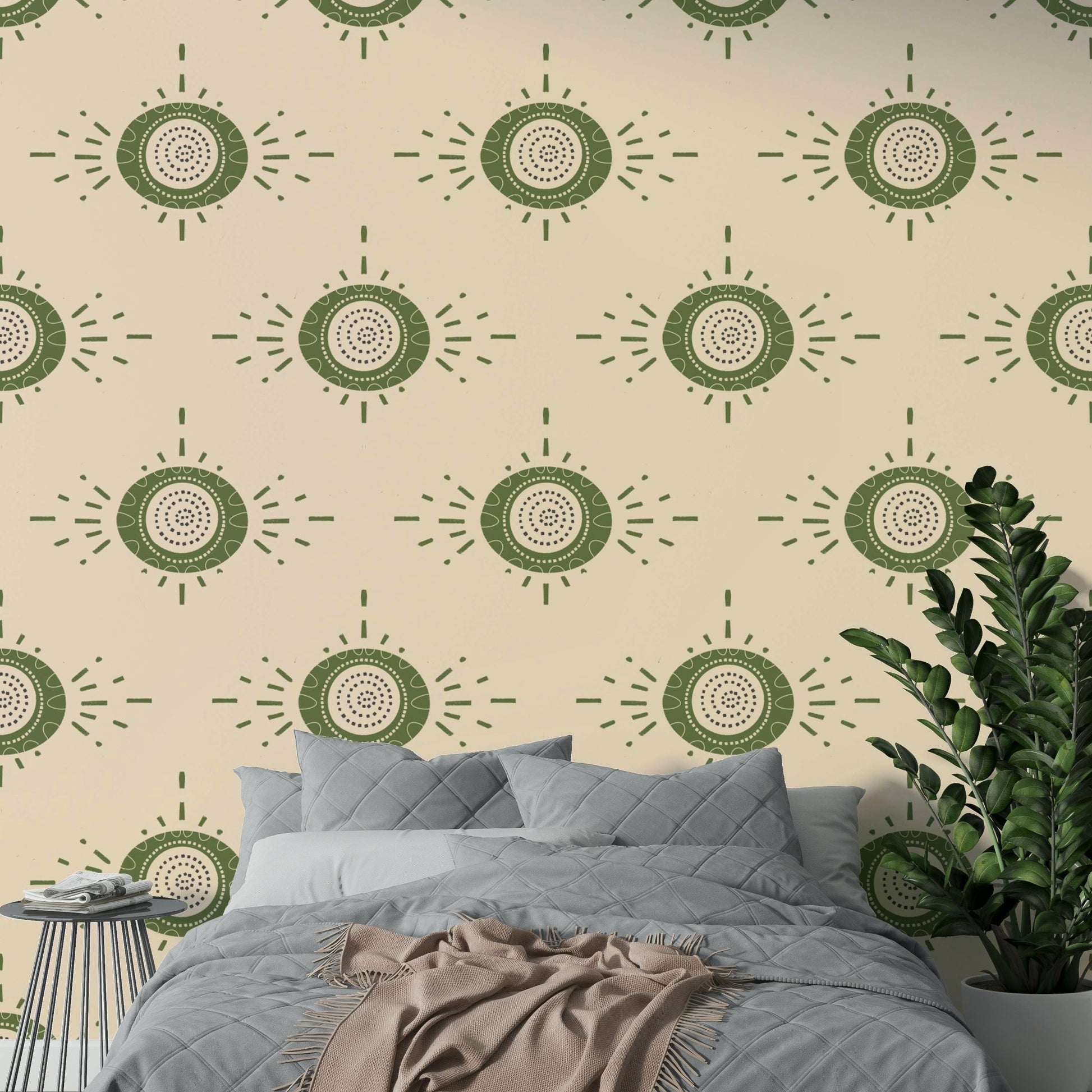Nature-inspired geometric floral design in olive and light cream

