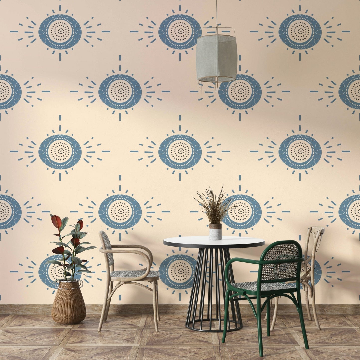 Folk Bloom wallpaper in a master suite with neutral linens.
