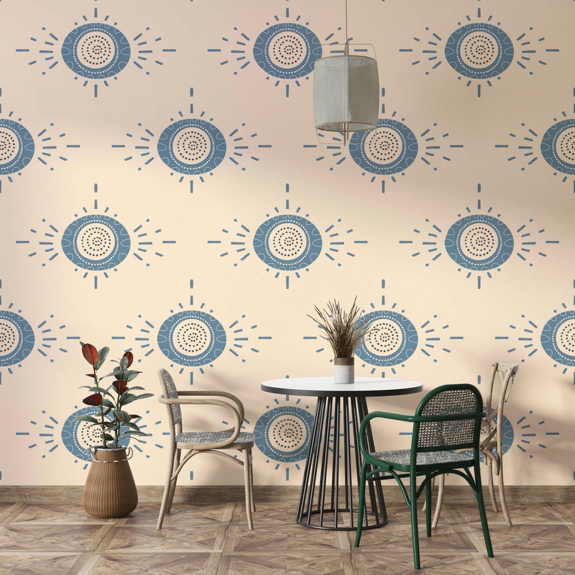 Folk Bloom wallpaper in a master suite with neutral linens.