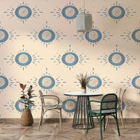 Folk Bloom wallpaper in a master suite with neutral linens.