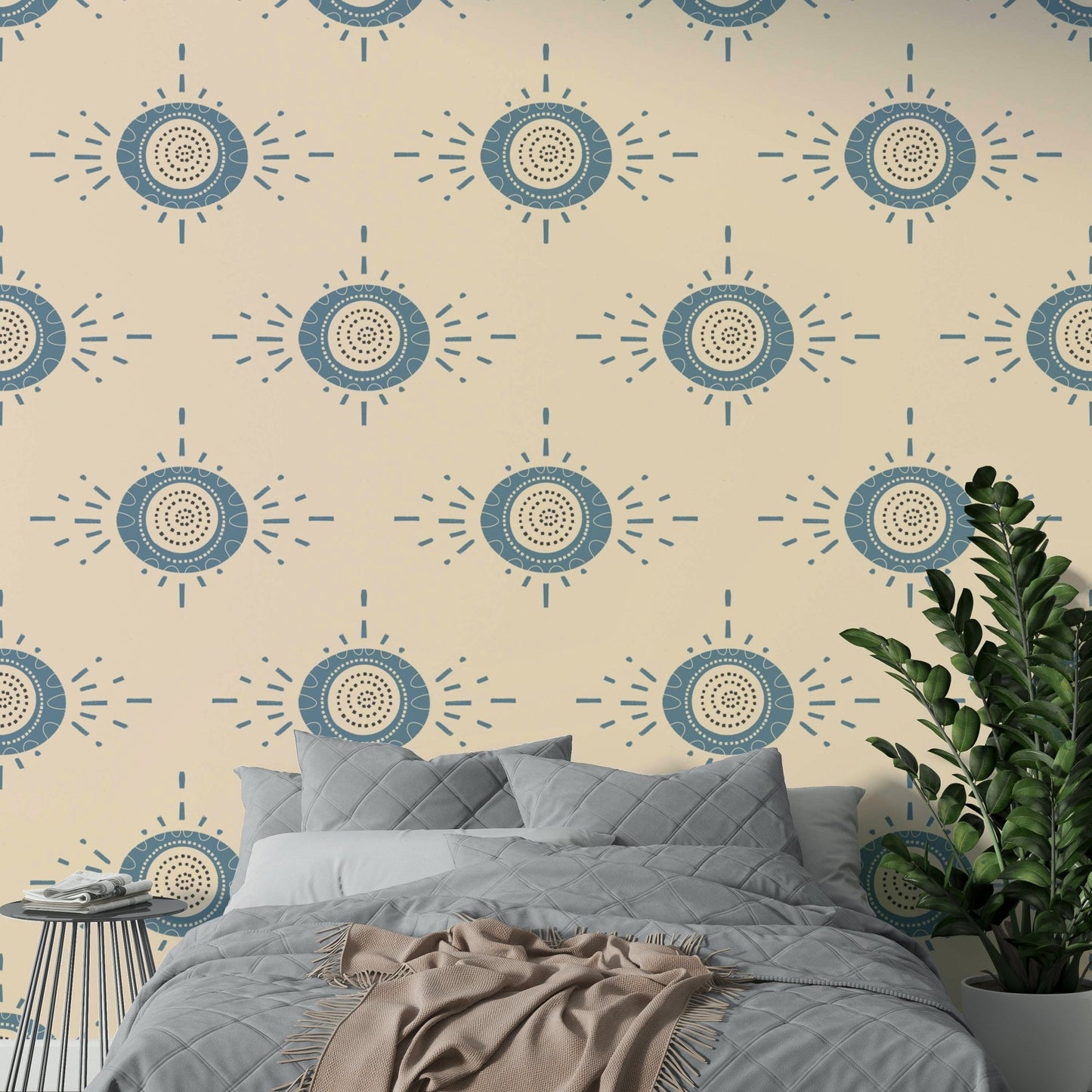 Close up of cream floral motifs on Folk Bloom wallpaper for a nursery room.