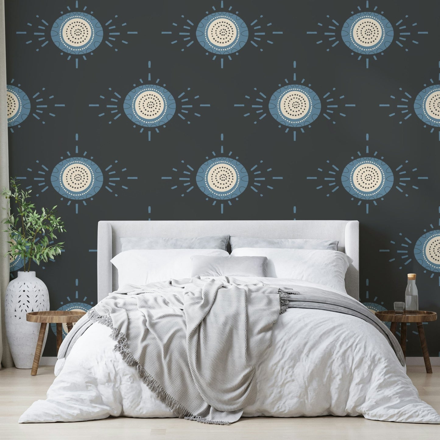 Mid-mod floral design in blue and cream offering a peaceful ambiance

