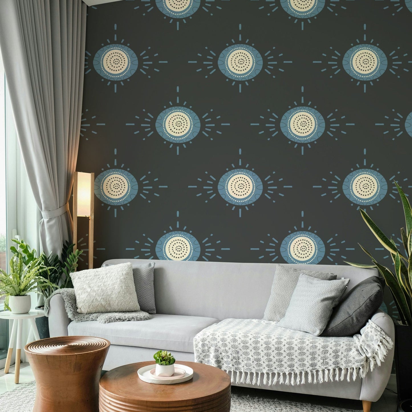 Soft dusty blue and cream floral wallpaper perfect for contemporary spaces

