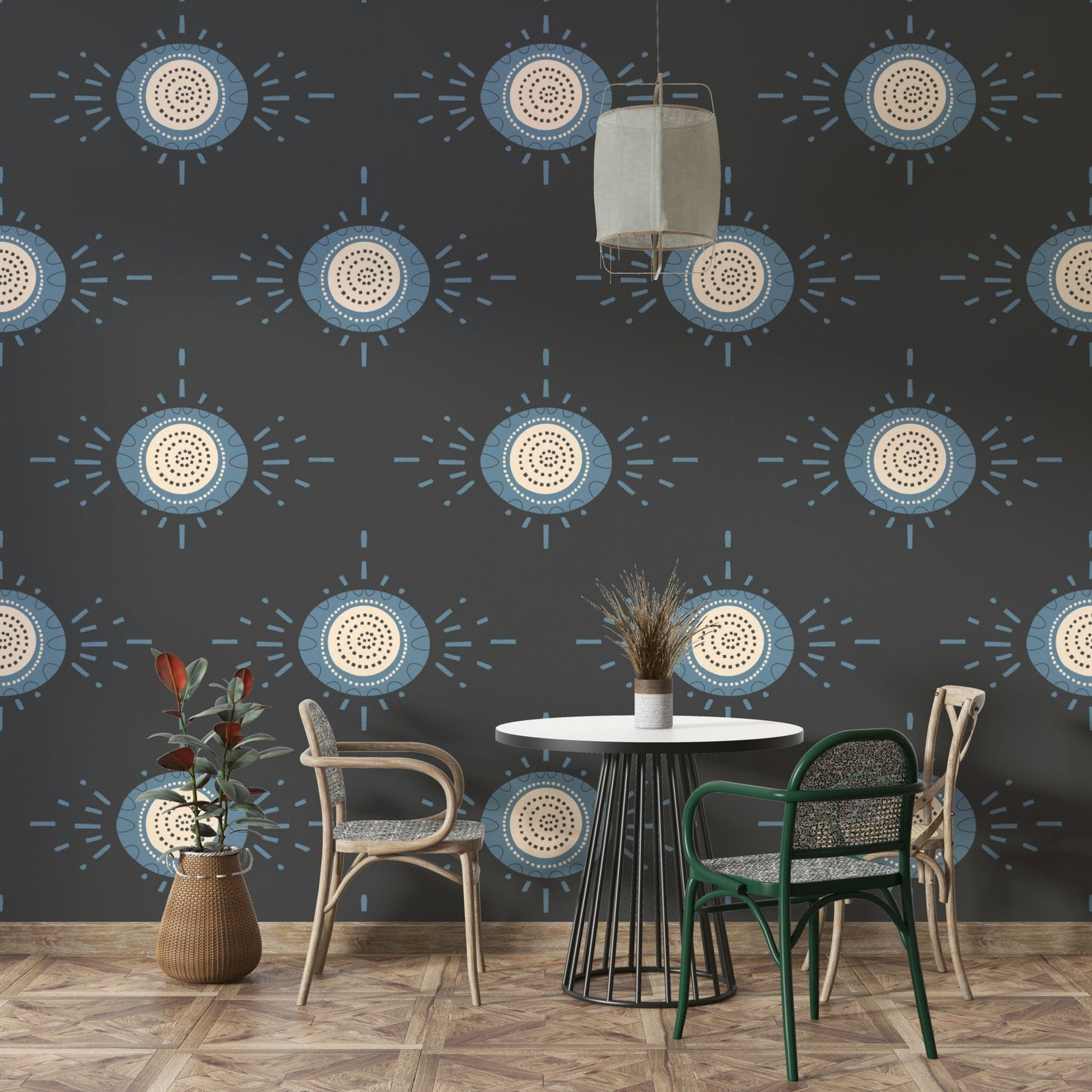 Bold floral patterns in dusty blue and cream creating a serene atmosphere

