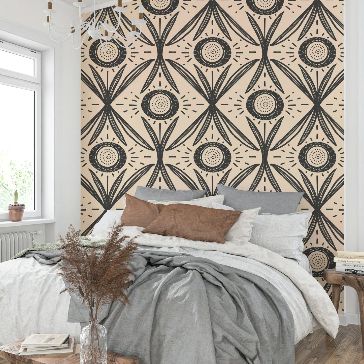 Charcoal base mural with cream floral print
