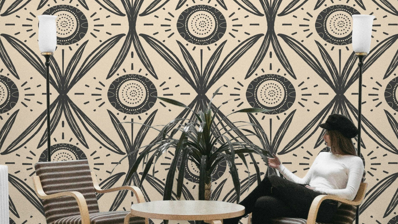 Folk Bloom Radiance Charcoal Cream wallpaper design
