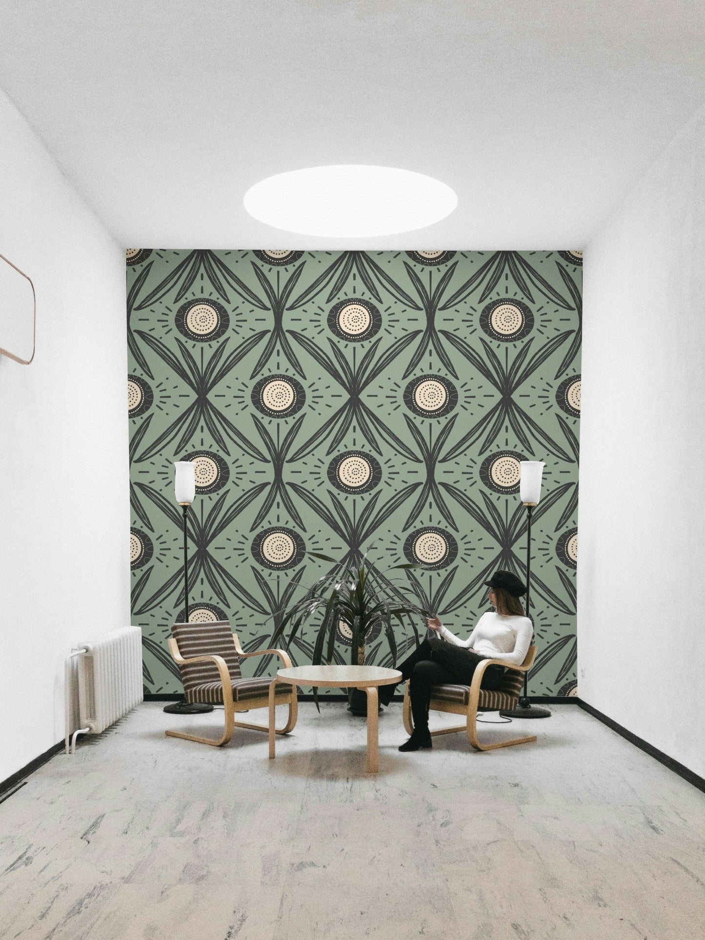 Charcoal background with sage floral prints
