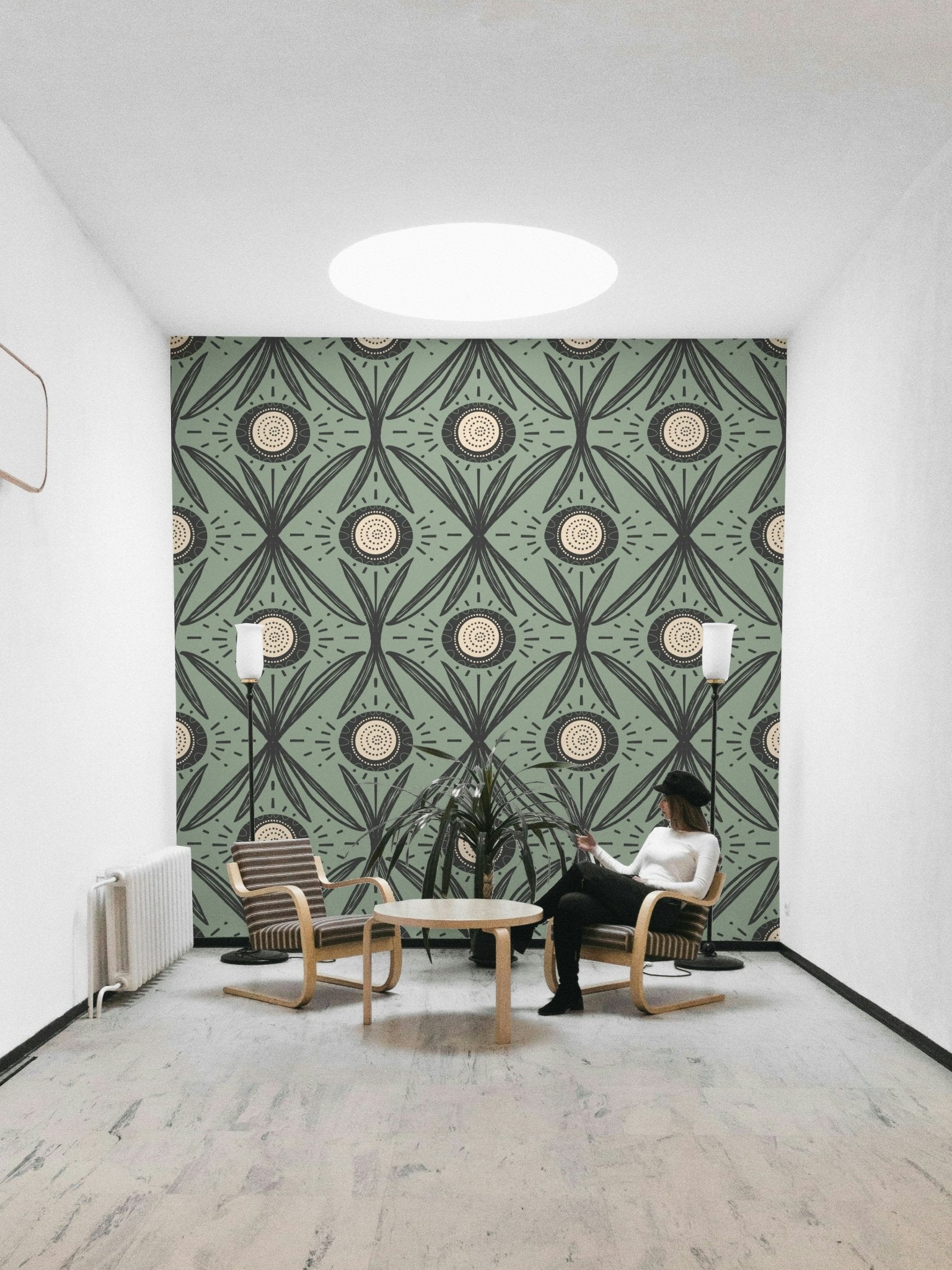 Charcoal background with sage floral prints
