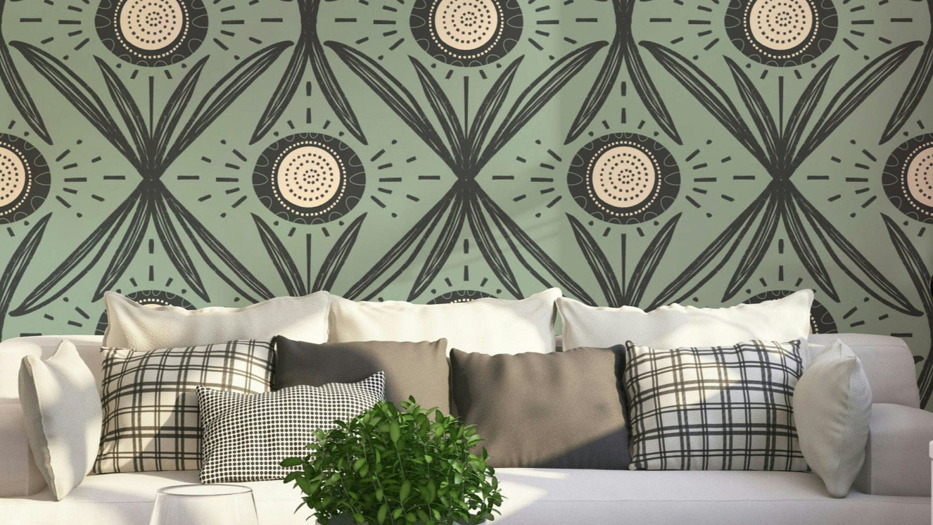 Folk Bloom Radiance Charcoal Sage wallpaper design
