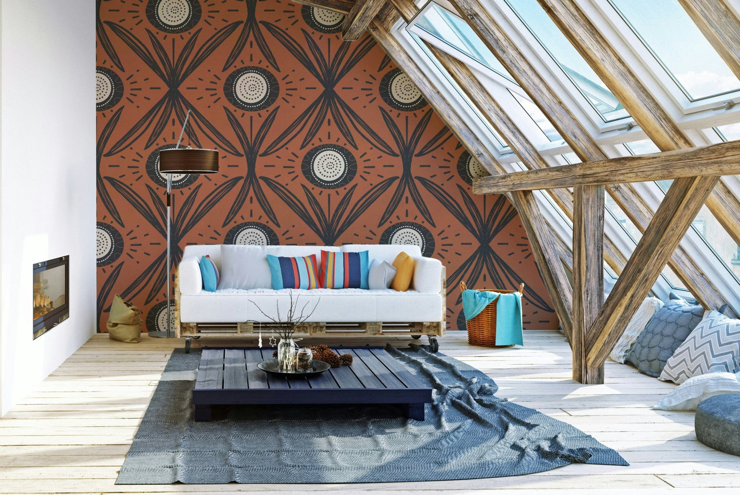 Retro floral wallpaper with warm terracotta tones
