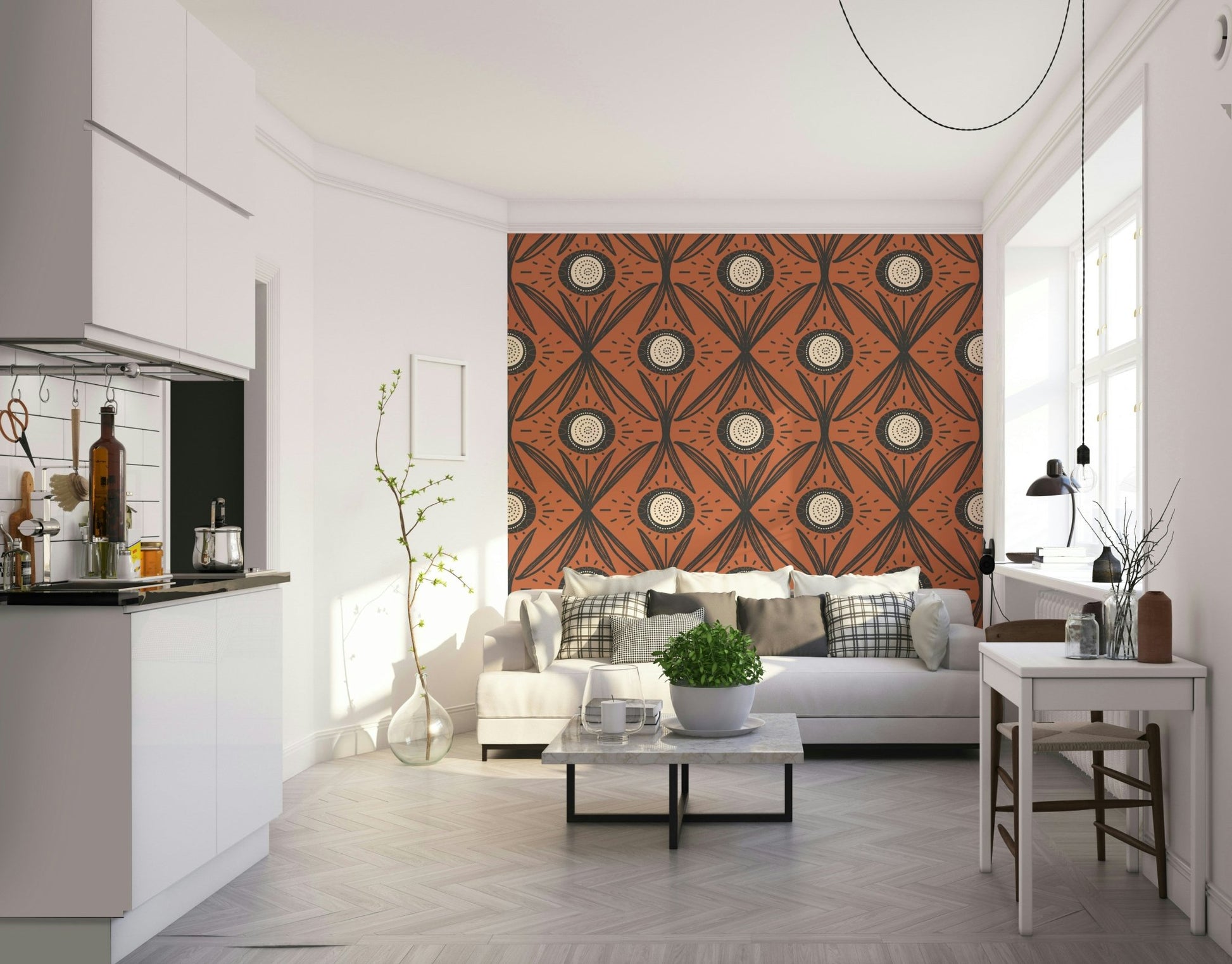 Charcoal base mural wallpaper with floral print
