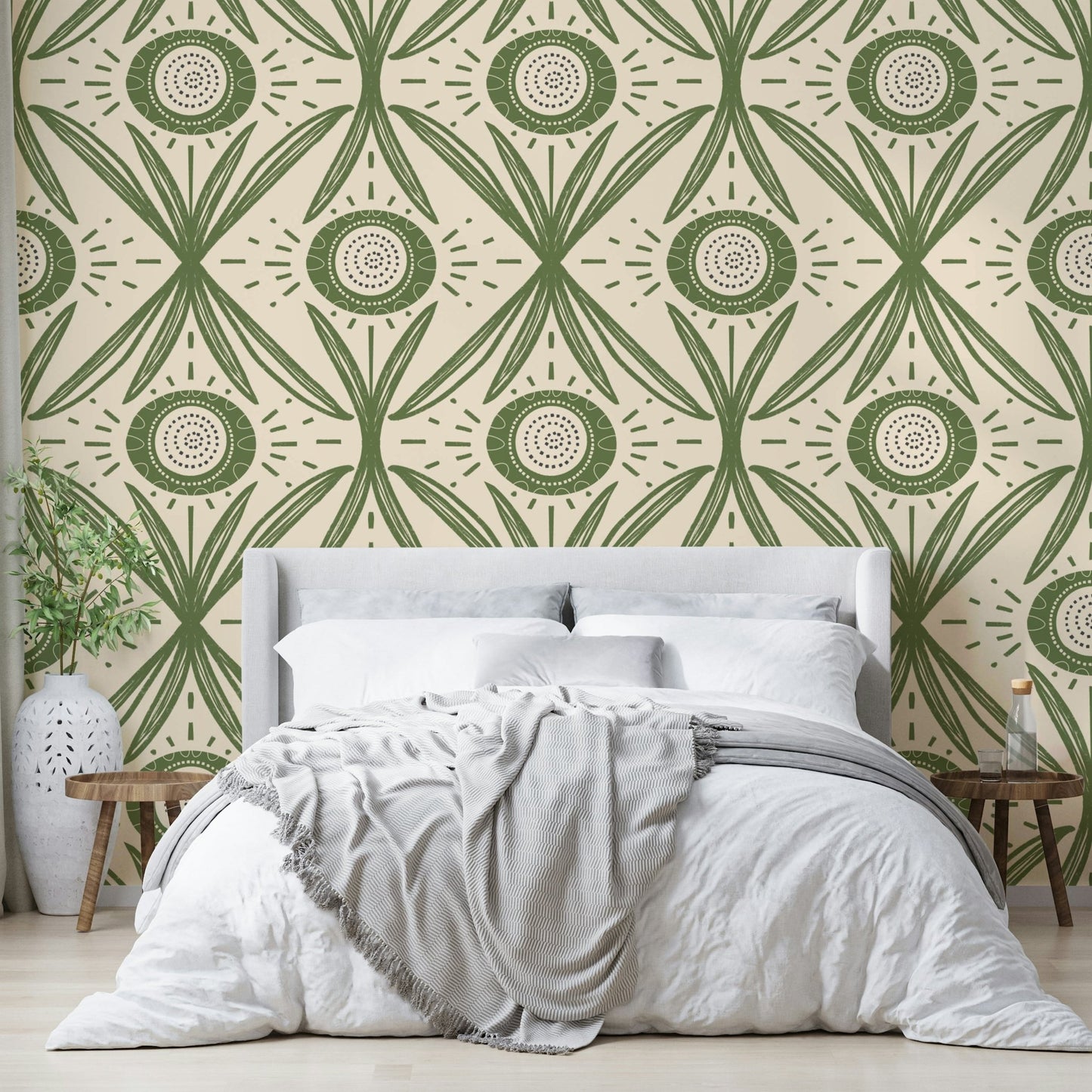 Hand-drawn folk flowers on olive backdrop
