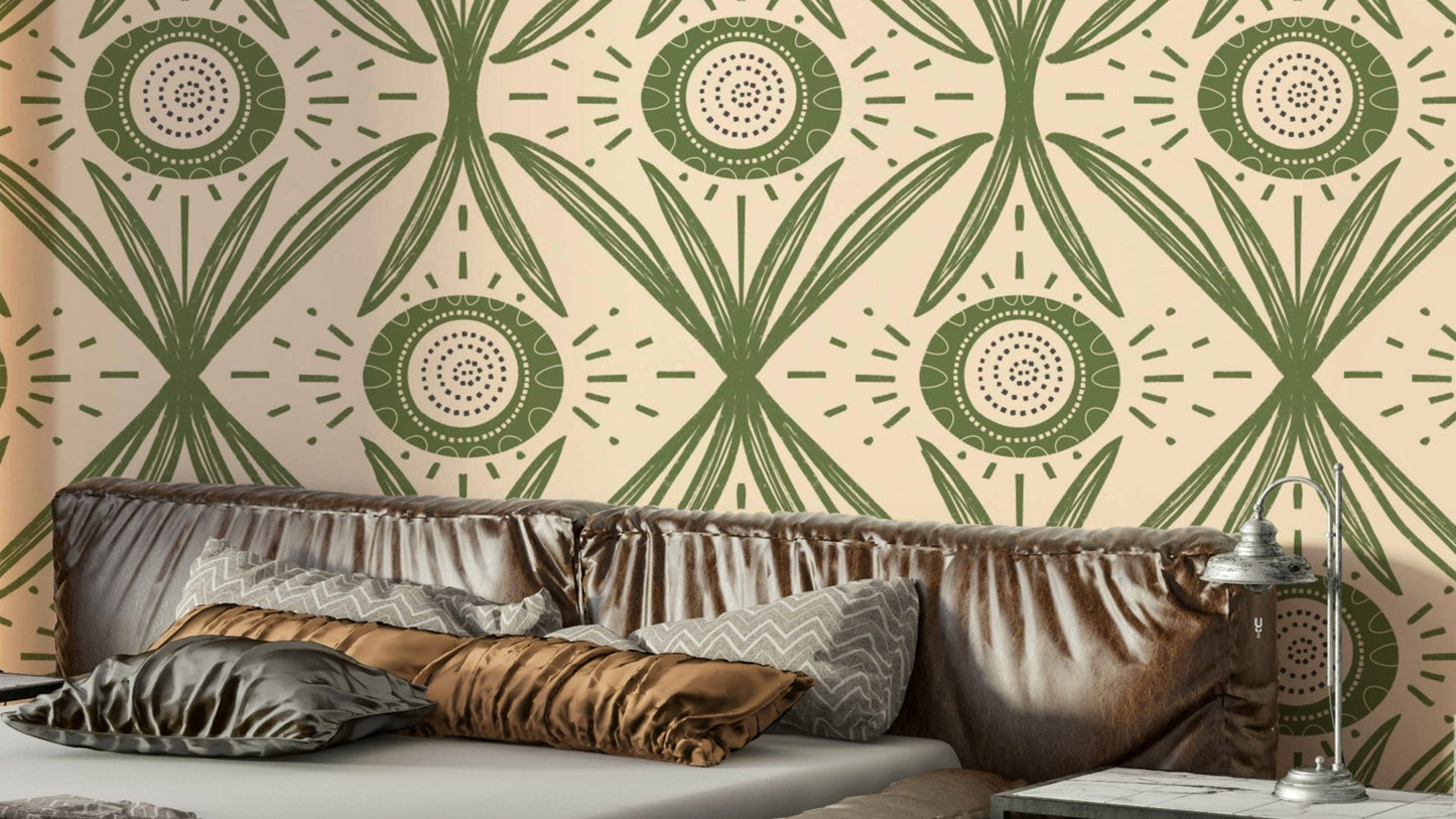 Folk Bloom Radiance Olive Green wallpaper design
