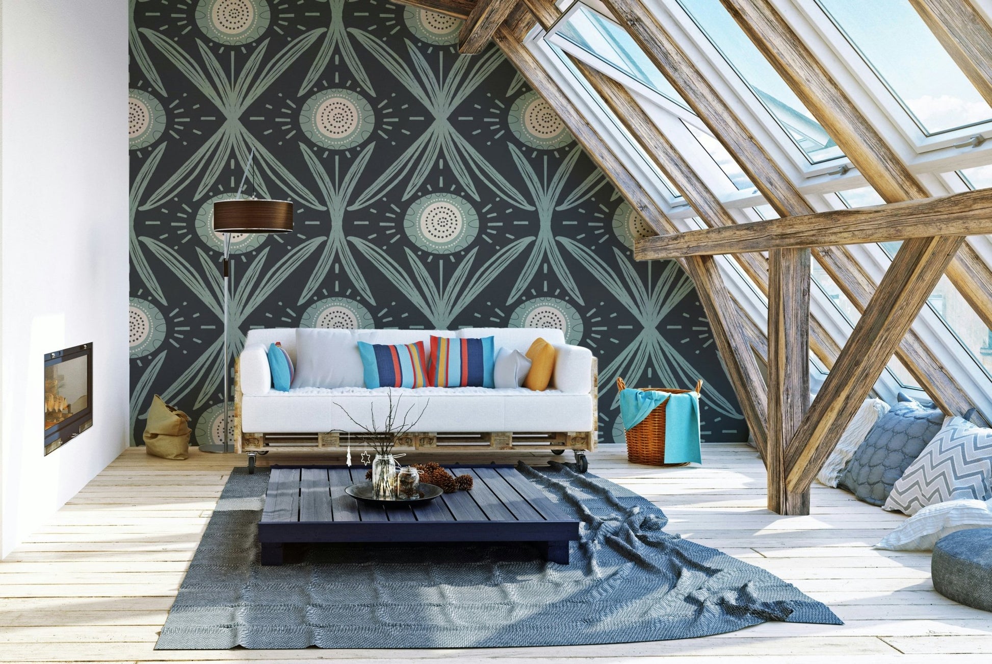 Dark wallpaper with green floral accents
