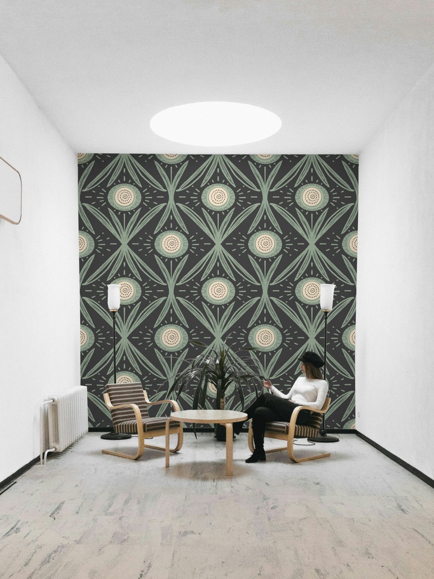 Bedroom with sage and charcoal floral wall mural

