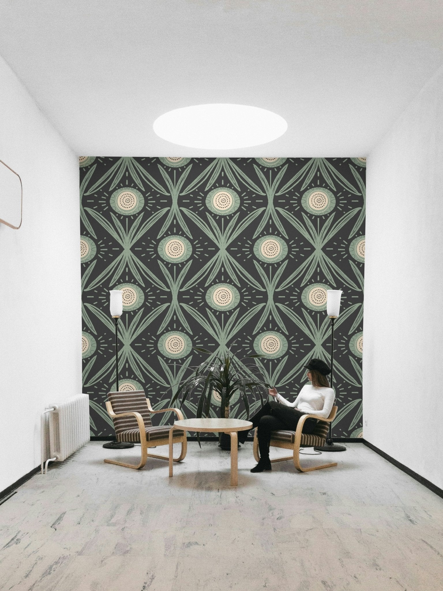 Bedroom with sage and charcoal floral wall mural

