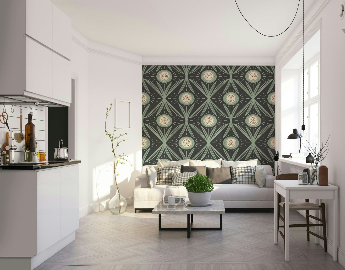 Hand-drawn flowers on bold wall design

