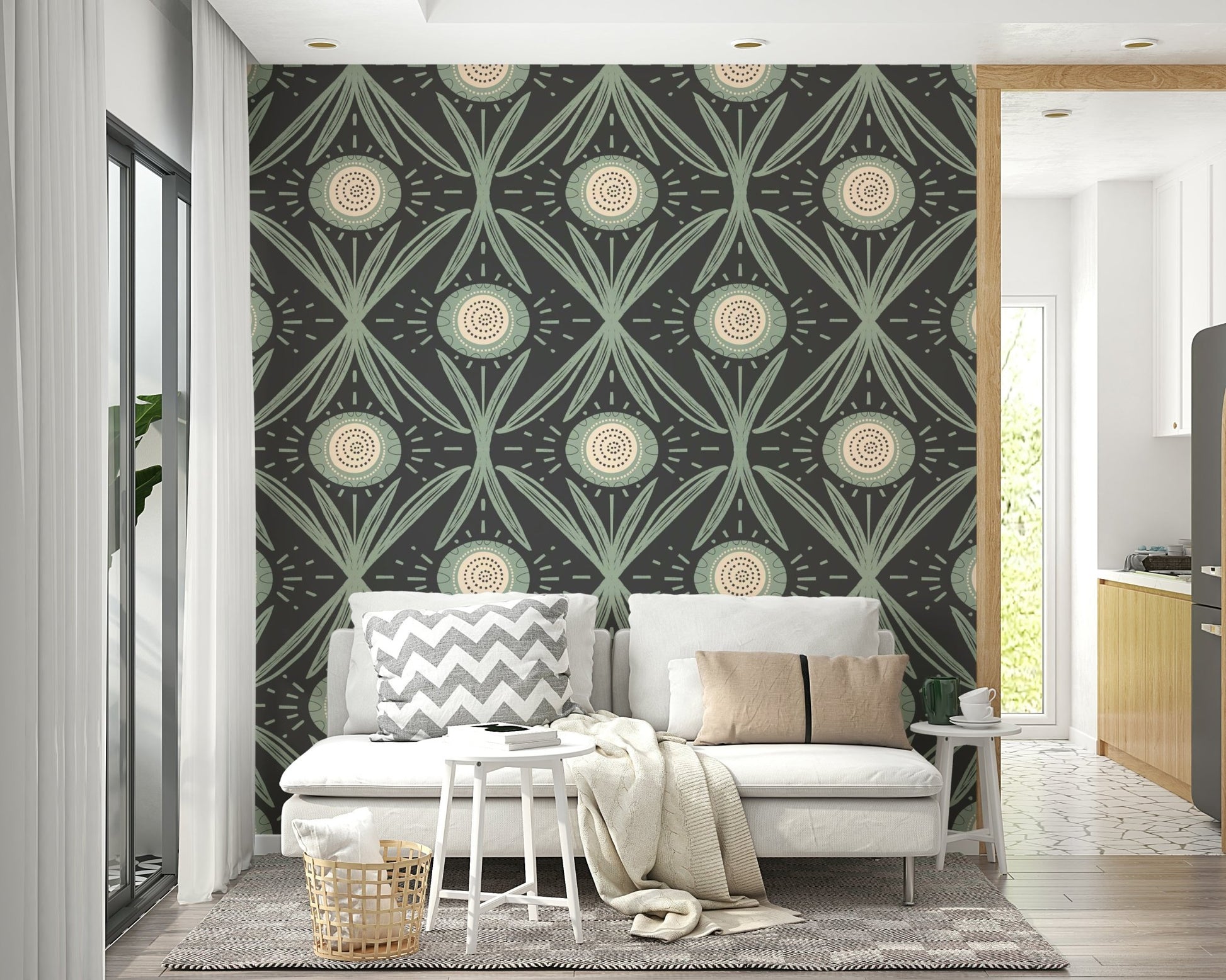 Living room styled with cottage floral wallpaper

