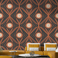 Retro-inspired mural wallpaper with floral elements
