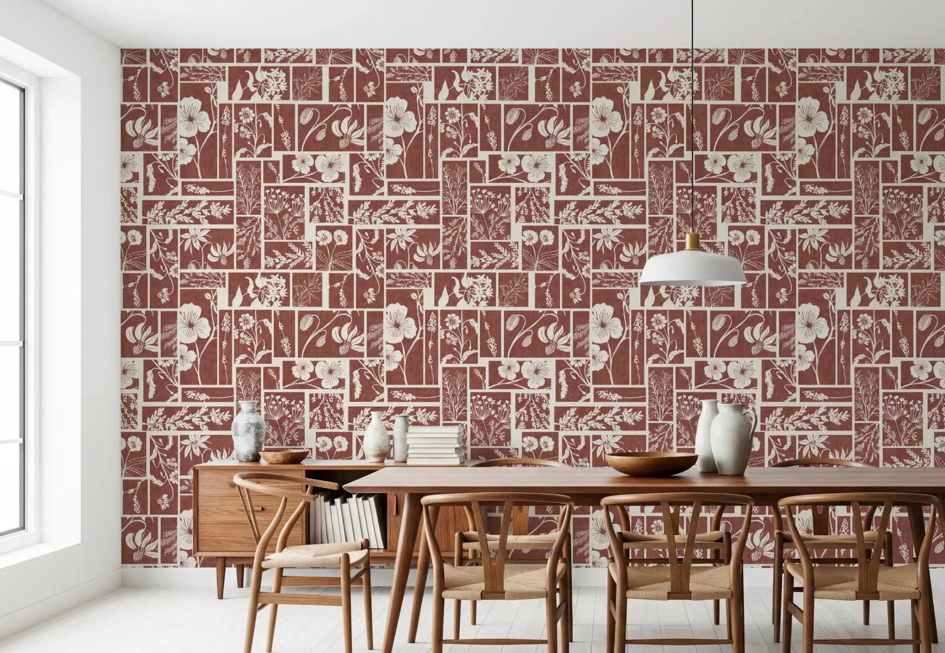 Dining room floral wallpaper with vintage tile pattern