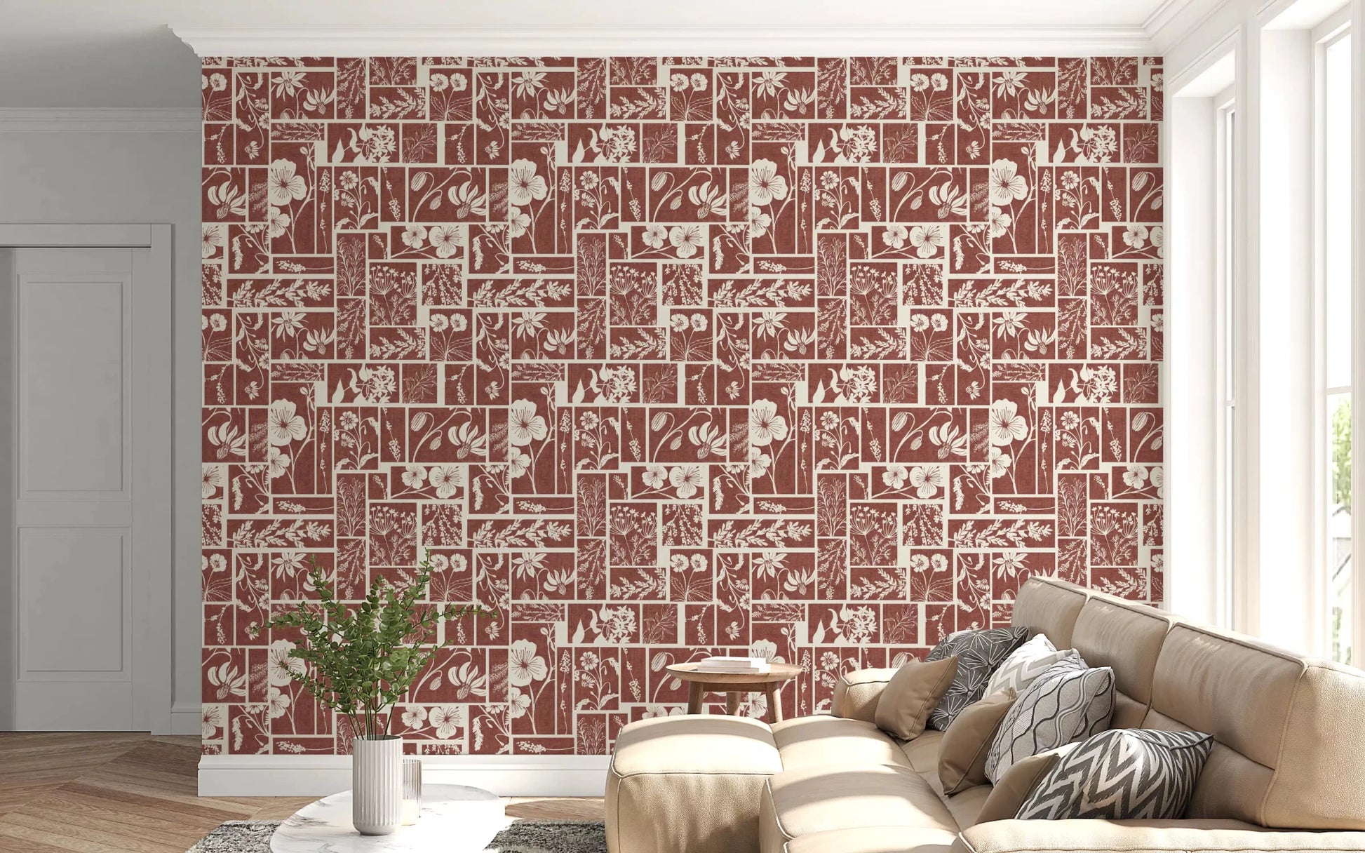 Floral block wallpaper with white flower illustrations