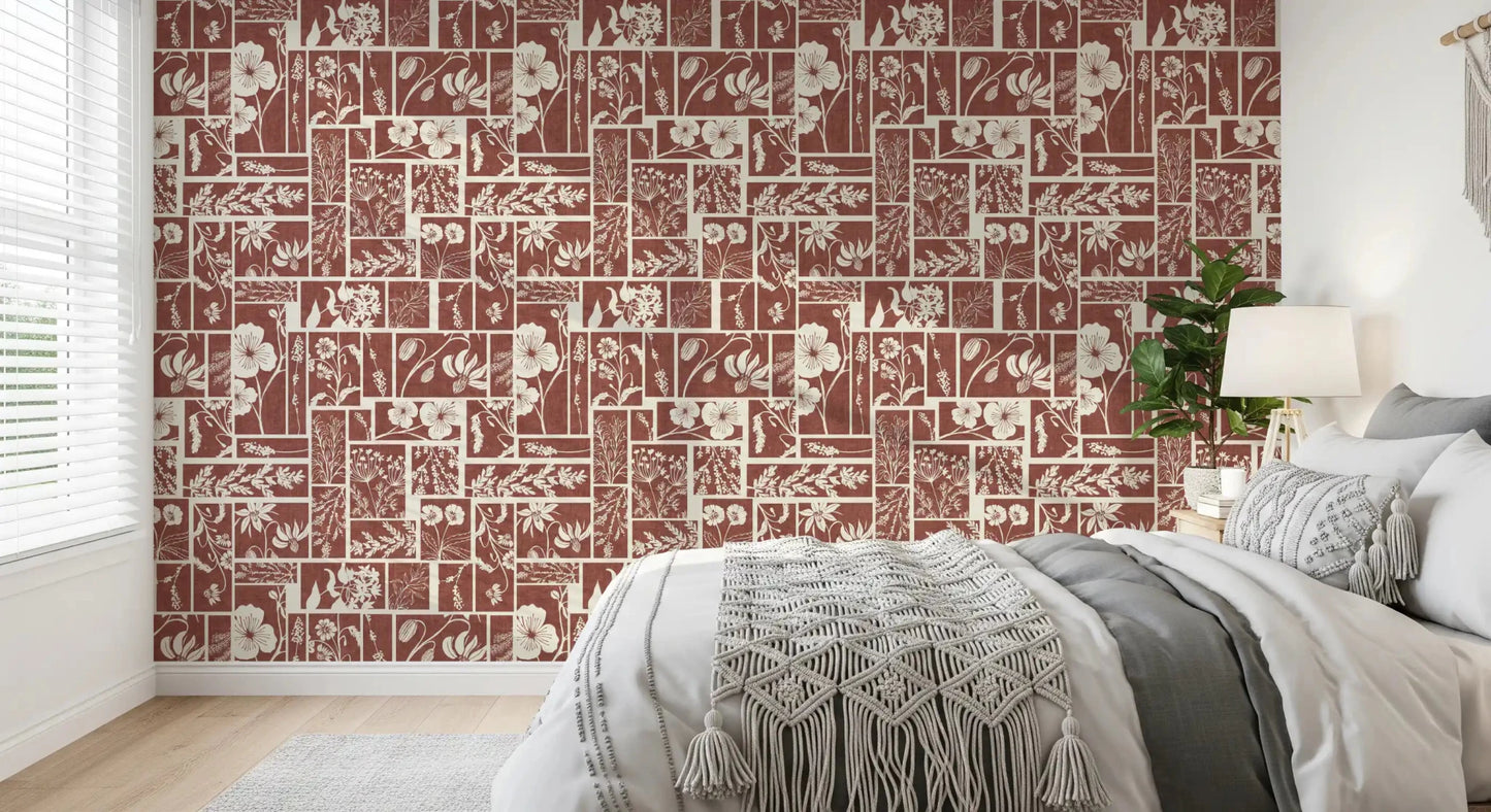 Bedroom terracotta wallpaper with floral block design