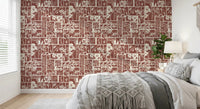 Bedroom terracotta wallpaper with floral block design