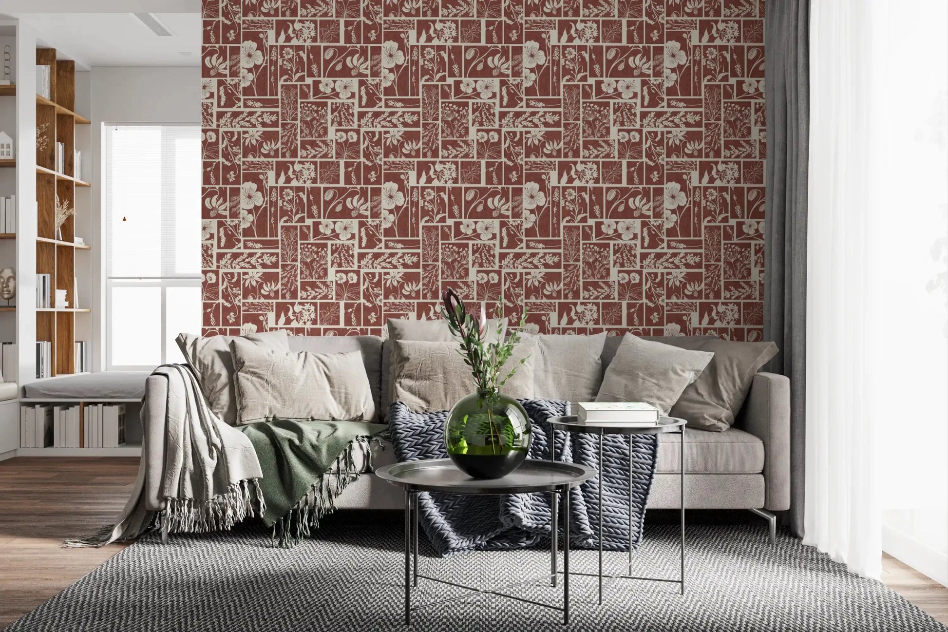 Vintage floral wallpaper with structured tile layout