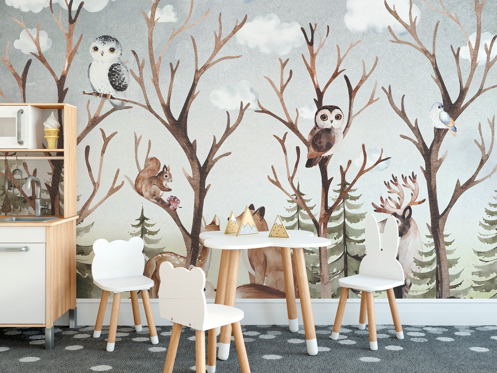 Forest Fall Kids Room wallpaper mural shown as a full feature wall that highlights the design