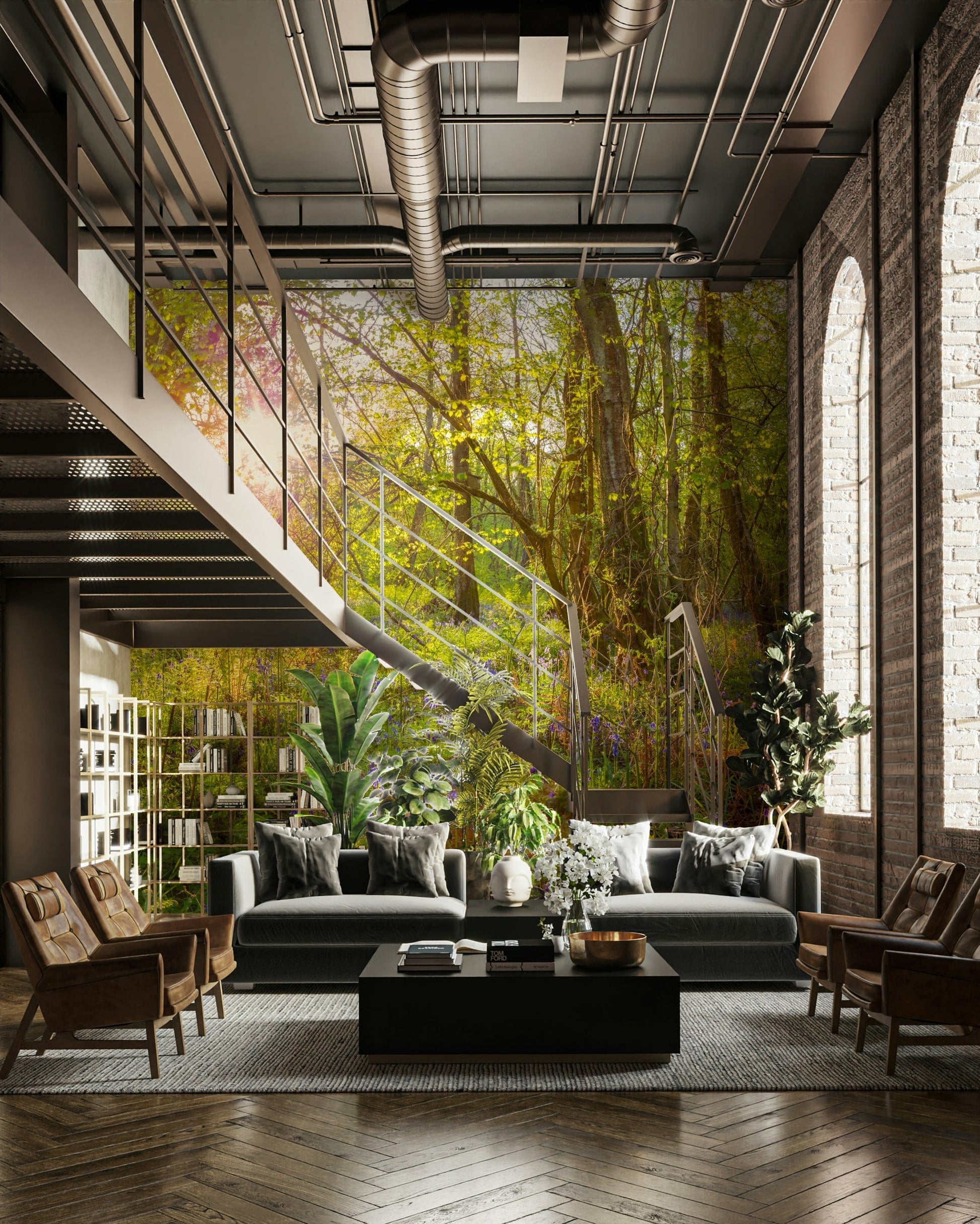A calming foliage design wallpaper mural that defines a space.

