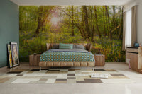 A graceful subtle bloom wall mural in cool, natural tones.

