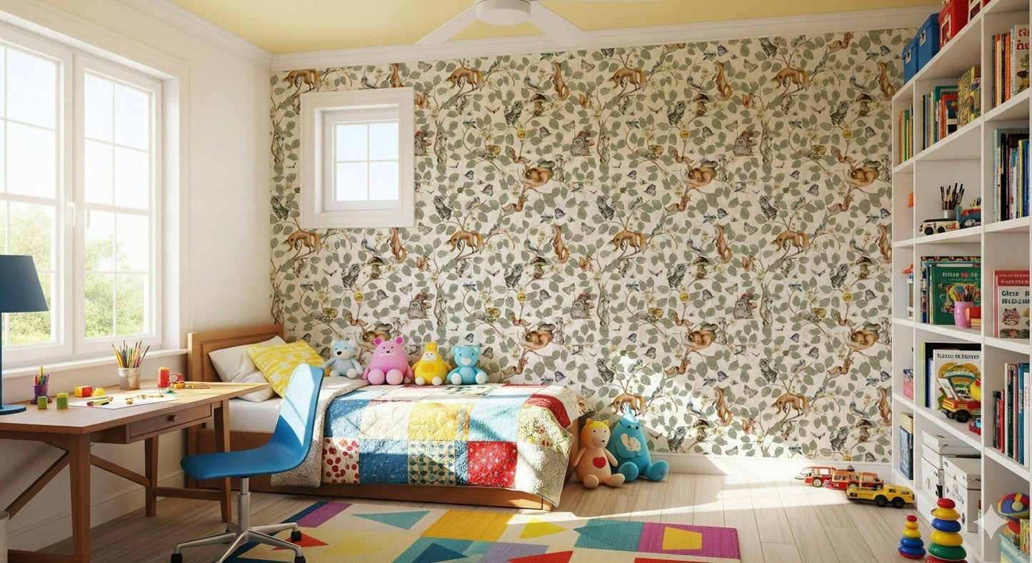 Entryway feature wall with forest chinoiserie wallpaper, modern console styling, soft color
