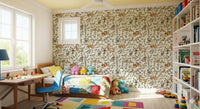Entryway feature wall with forest chinoiserie wallpaper, modern console styling, soft color