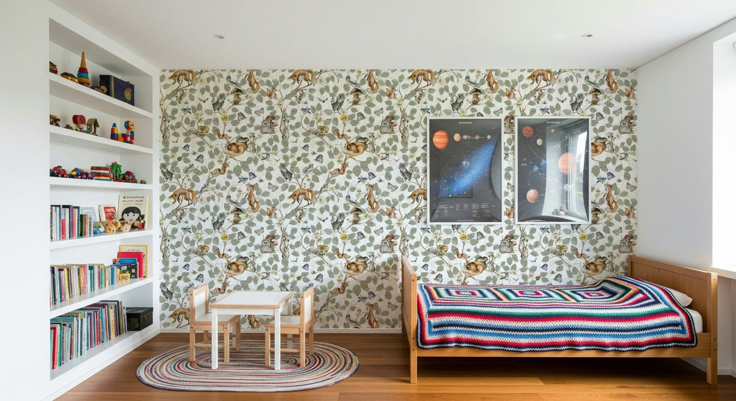 Chinoiserie foliage wallpaper in bedroom, teal green leaves, peaceful feature wall