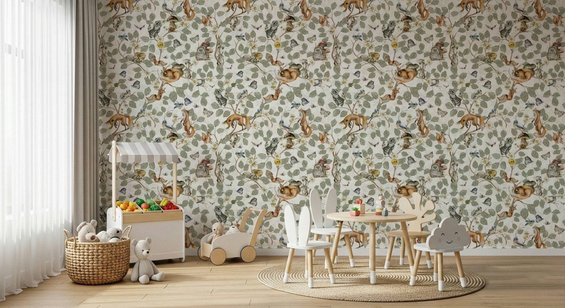 Chinoiserie forest friends wallpaper in modern living room, blue-green foliage wall decor