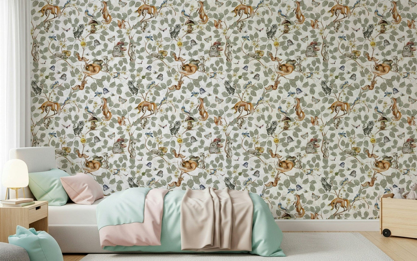 Study corner with chinoiserie foliage wall mural, modern apartment workspace backdrop
