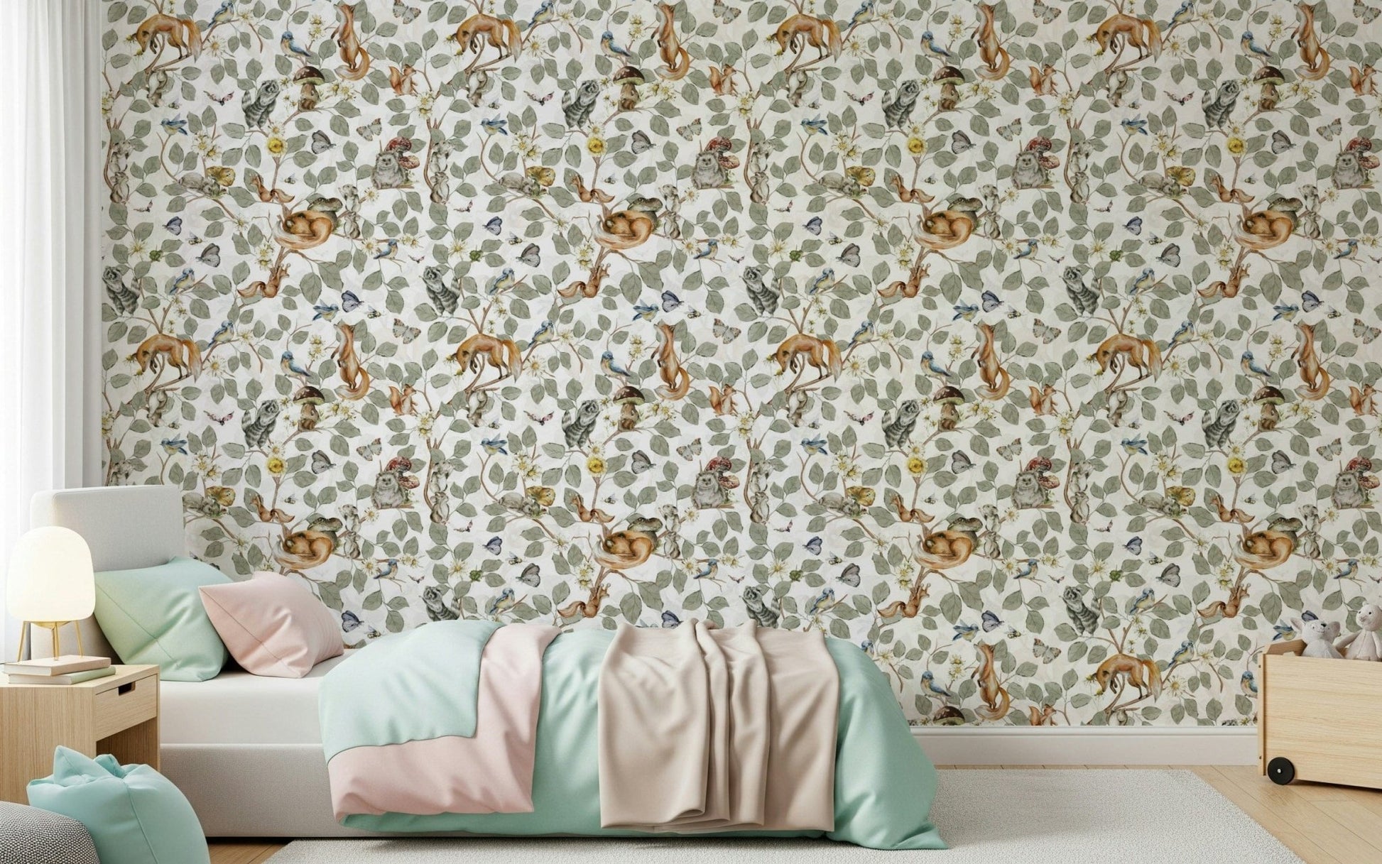 Study corner with chinoiserie foliage wall mural, modern apartment workspace backdrop