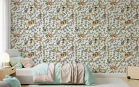 Study corner with chinoiserie foliage wall mural, modern apartment workspace backdrop