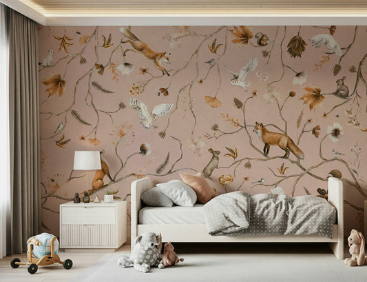 Detailed mural of forest creatures in a charming fable-like environment