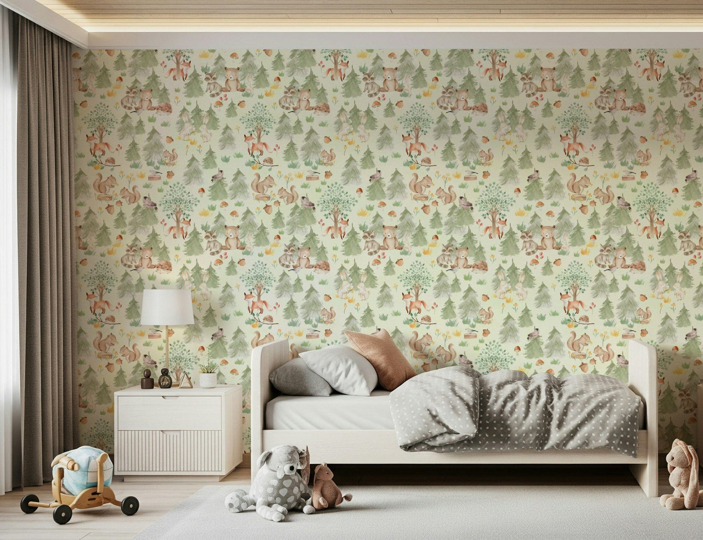 Sweet peel and stick design with squirrels, foxes, and raccoons.