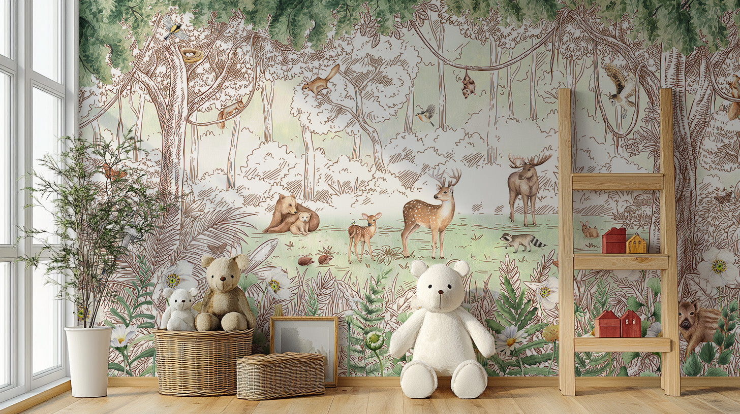 Forest friends in spring season wallpaper with woodland animals behind a large white teddy bear in a kids room