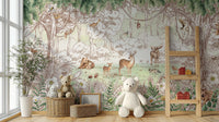 Forest friends in spring season wallpaper with woodland animals behind a large white teddy bear in a kids room