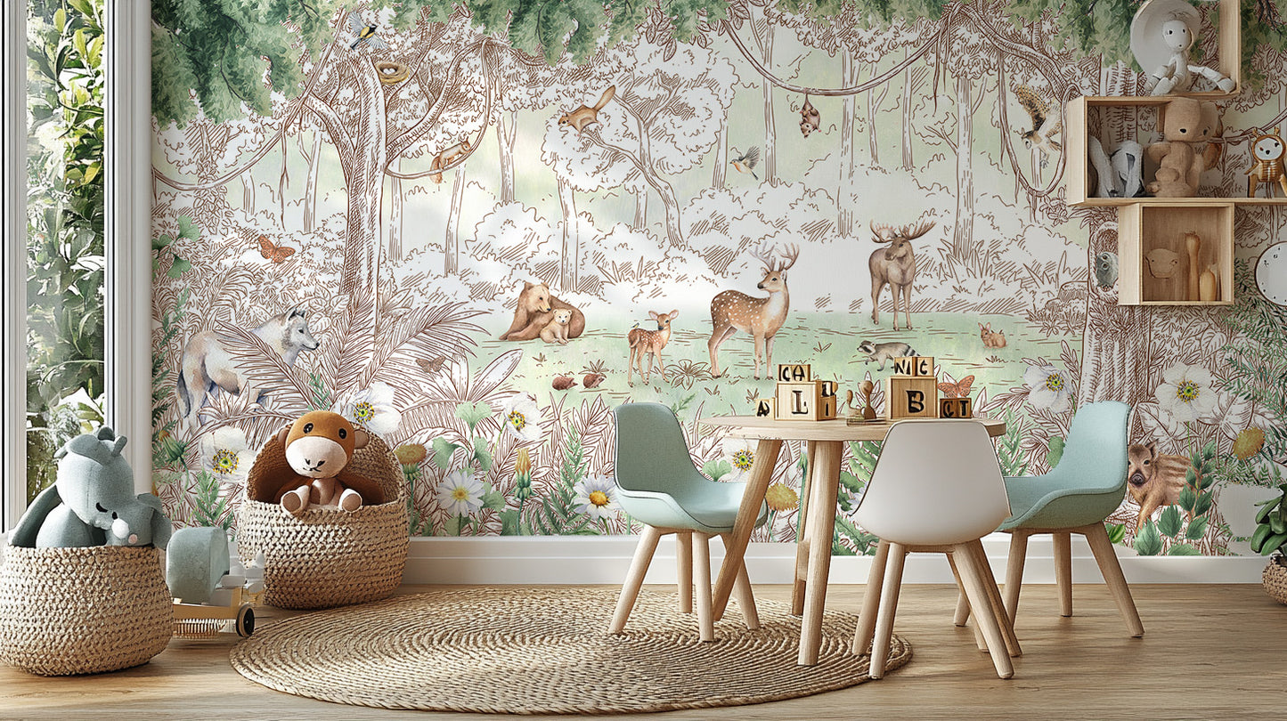 Forest friends in spring season wallpaper with woodland animals behind green kids chairs, table and a teddy basket