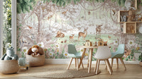 Forest friends in spring season wallpaper with woodland animals behind green kids chairs, table and a teddy basket