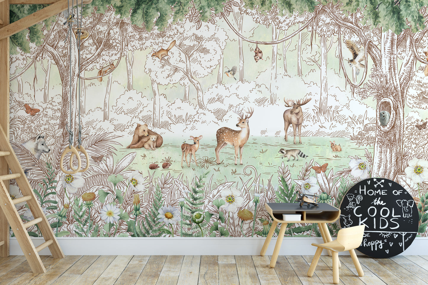 Forest friends in spring season wallpaper with woodland deer and animals behind a loft bunk and kids play table