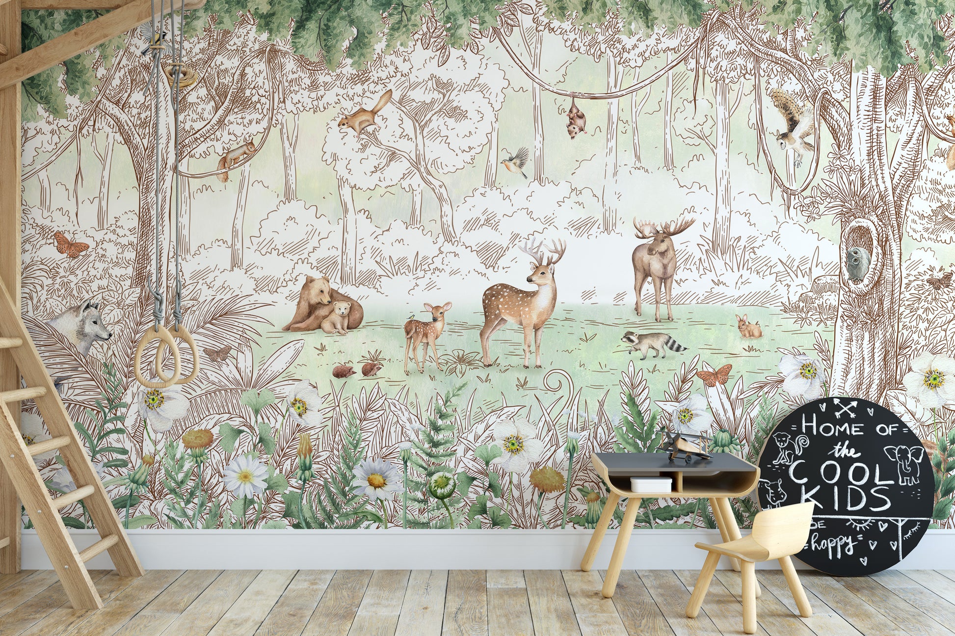 Forest friends in spring season wallpaper with woodland deer and animals behind a loft bunk and kids play table