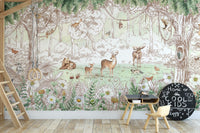Forest friends in spring season wallpaper with woodland deer and animals behind a loft bunk and kids play table